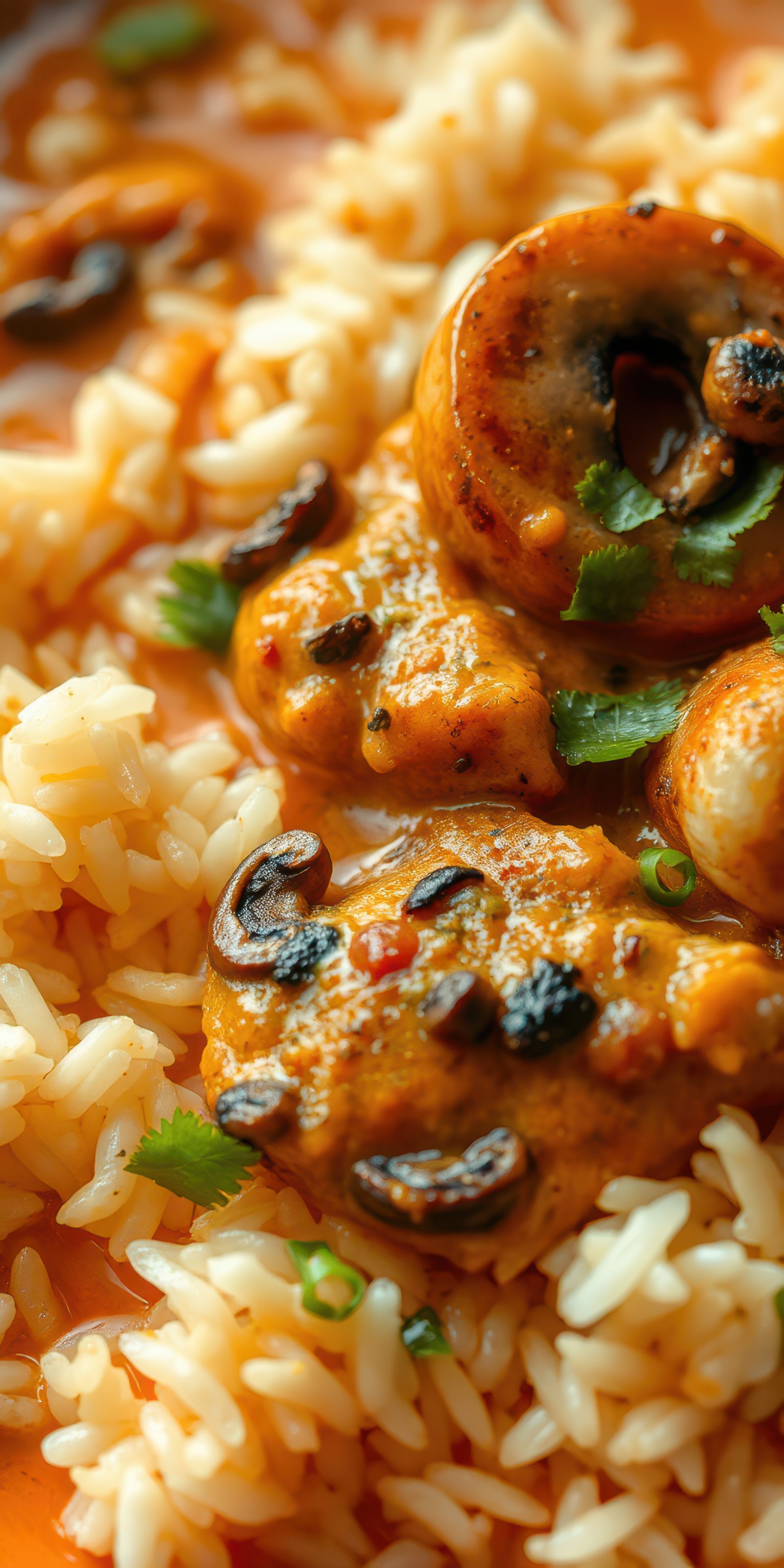 Delicious seafood curry served over fluffy basmati rice with herbs and spices in a vibrant dish